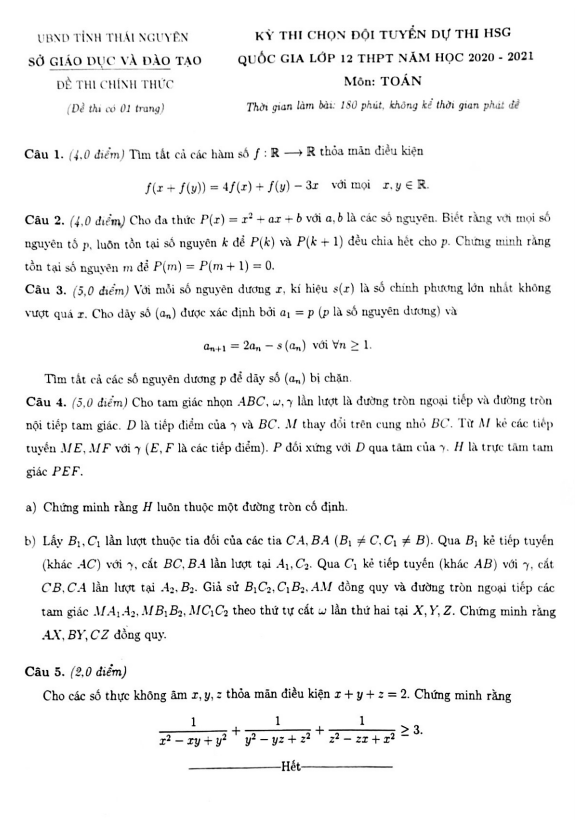 đề chọn đội tuyển thi hsg toán quốc gia năm 2020 – 2021 sở gd&đt thái nguyên