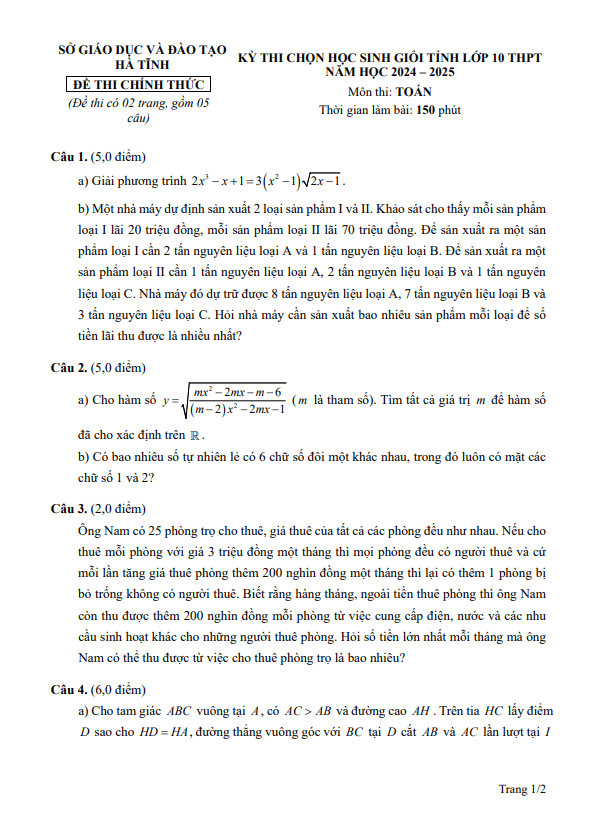 đề chọn học sinh giỏi tỉnh toán 10 năm 2024 – 2025 sở gd&đt hà tĩnh