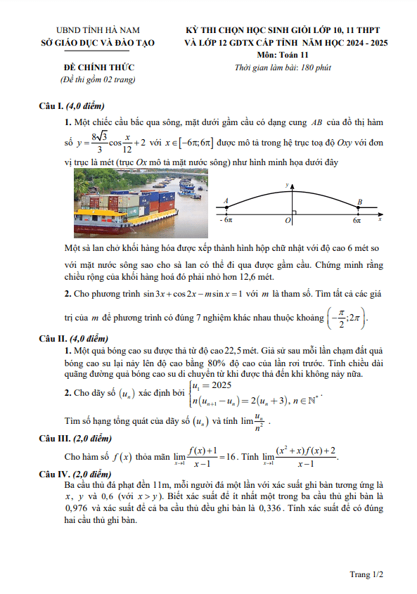 đề chọn học sinh giỏi tỉnh toán 11 năm 2024 – 2025 sở gd&đt hà nam