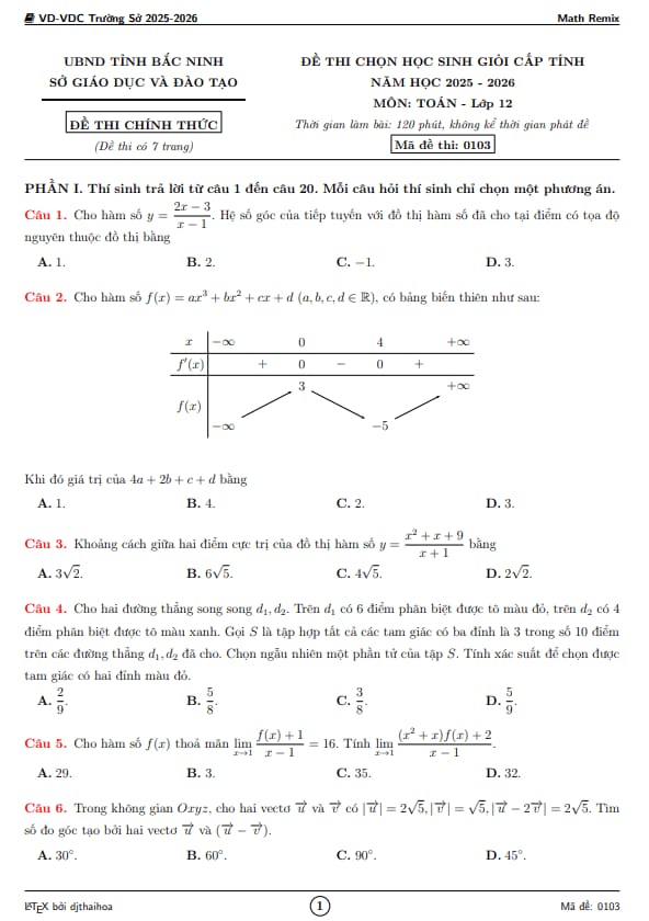 đề chọn học sinh giỏi tỉnh toán 12 năm 2025 – 2026 sở gd&đt bắc ninh