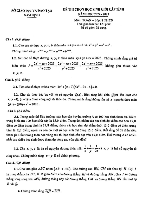 đề chọn học sinh giỏi tỉnh toán 8 năm 2024 – 2025 sở gd&đt nam định