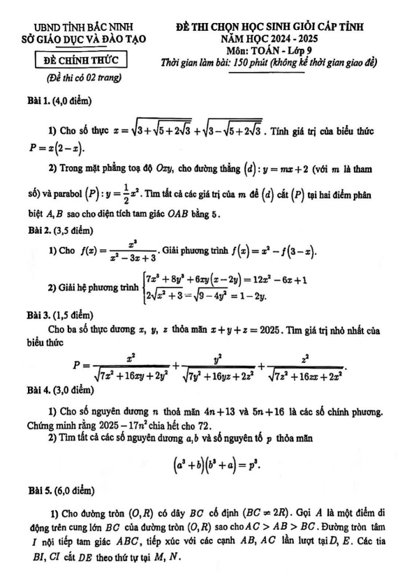 đề chọn học sinh giỏi tỉnh toán 9 năm 2024 – 2025 sở gd&đt bắc ninh