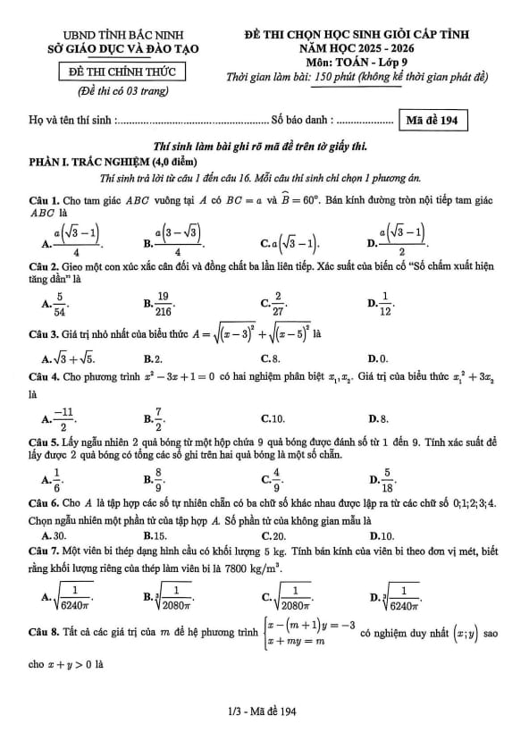 đề chọn học sinh giỏi tỉnh toán 9 năm 2025 – 2026 sở gd&đt bắc ninh