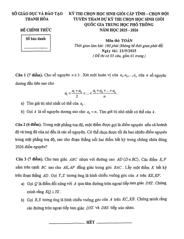 đề chọn học sinh giỏi tỉnh toán thpt năm 2025 – 2026 sở gd&đt thanh hóa