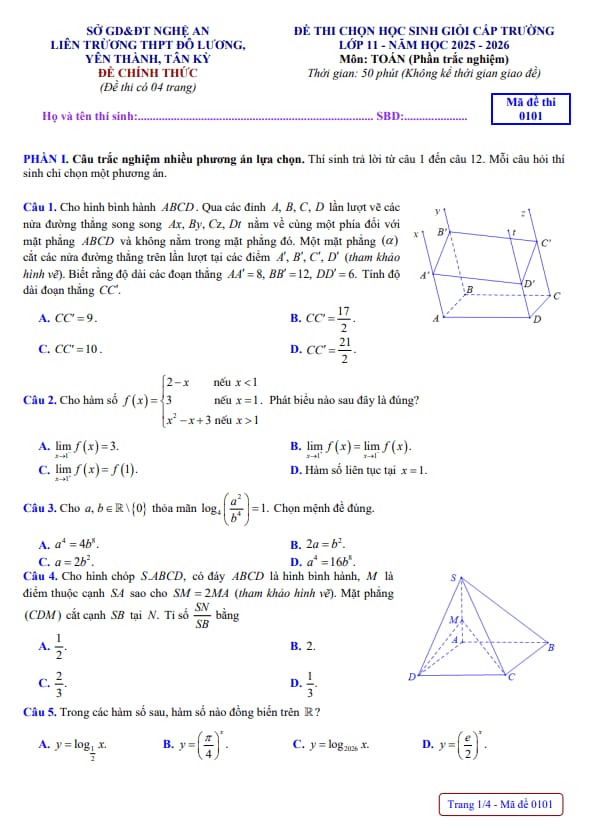 đề chọn học sinh giỏi toán 11 năm 2025 – 2026 liên trường thpt – nghệ an