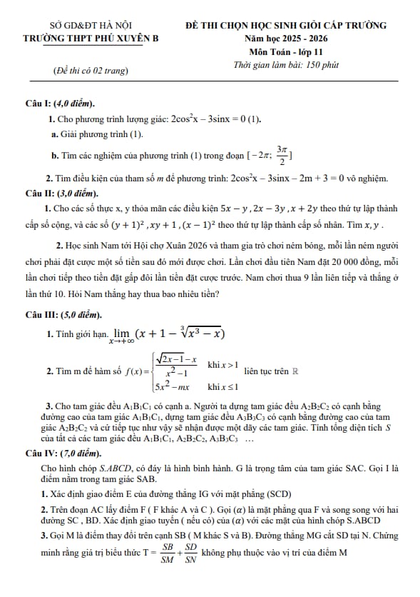 đề chọn học sinh giỏi toán 11 năm 2025 – 2026 trường thpt phú xuyên b – hà nội