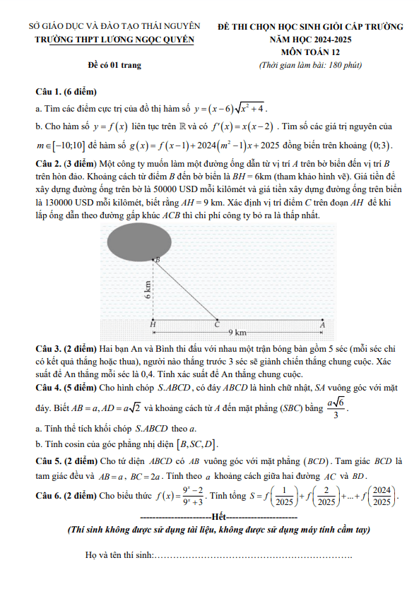 đề chọn học sinh giỏi toán 12 năm 2024 – 2025 trường thpt lương ngọc quyến – thái nguyên