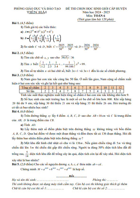 đề chọn học sinh giỏi toán 6 năm 2024 – 2025 phòng gd&đt tiền hải – thái bình
