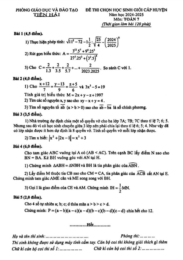 đề chọn học sinh giỏi toán 7 năm 2024 – 2025 phòng gd&đt tiền hải – thái bình
