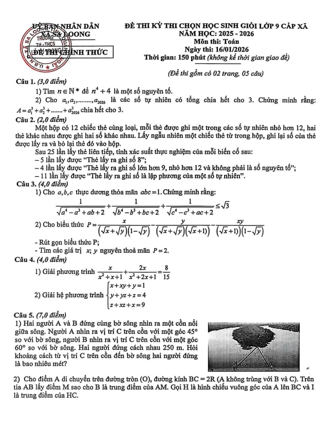 đề chọn học sinh giỏi toán 9 cấp xã năm 2025 – 2026 xã sa loong – quảng ngãi