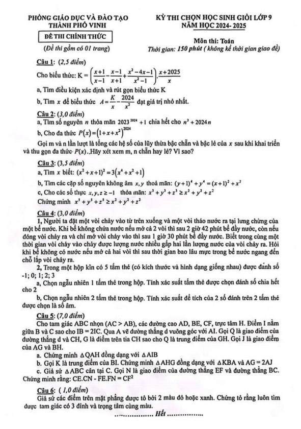 đề chọn học sinh giỏi toán 9 năm 2024 – 2025 phòng gd&đt vinh – nghệ an