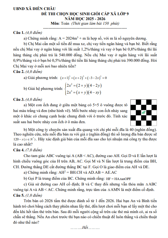 đề chọn học sinh giỏi toán 9 năm 2025 – 2026 xã diễn châu – nghệ an