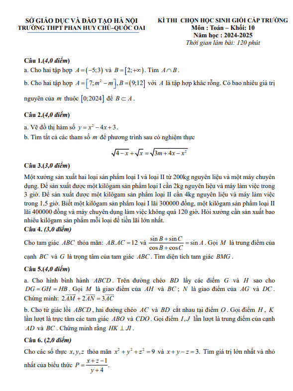 đề chọn hsg toán 10 năm 2024 – 2025 trường thpt phan huy chú – hà nội