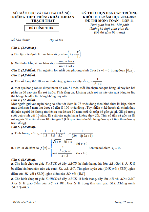 đề chọn hsg toán 11 năm 2024 – 2025 trường thpt phùng khắc khoan – hà nội
