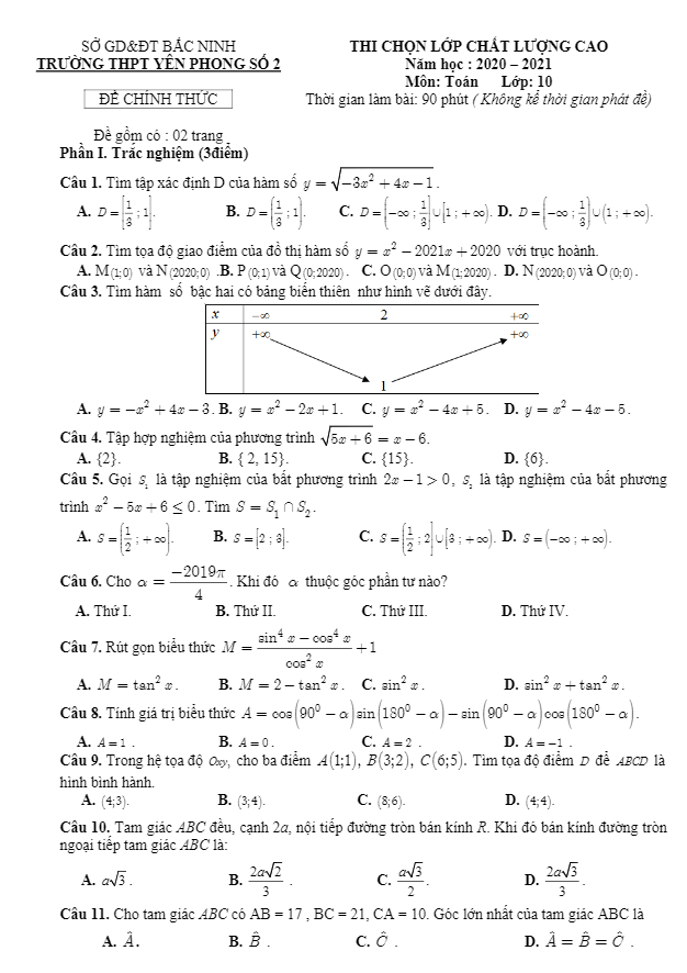 đề chọn lớp chất lượng cao toán 10 năm 2020 – 2021 trường yên phong 2 – bắc ninh
