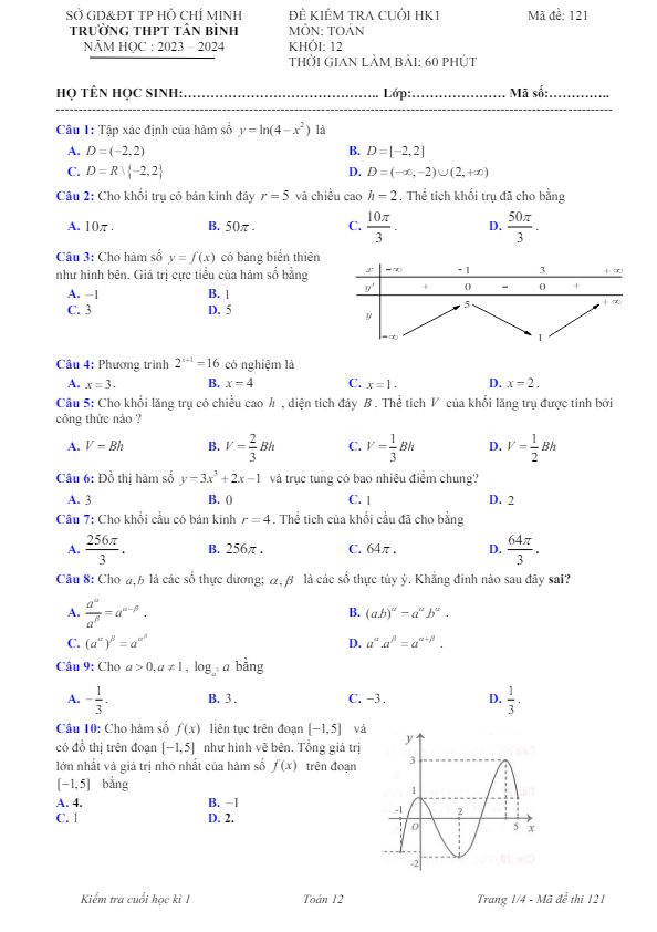 đề cuối hk1 toán 12 năm 2023 – 2024 trường thpt tân bình – tp hcm