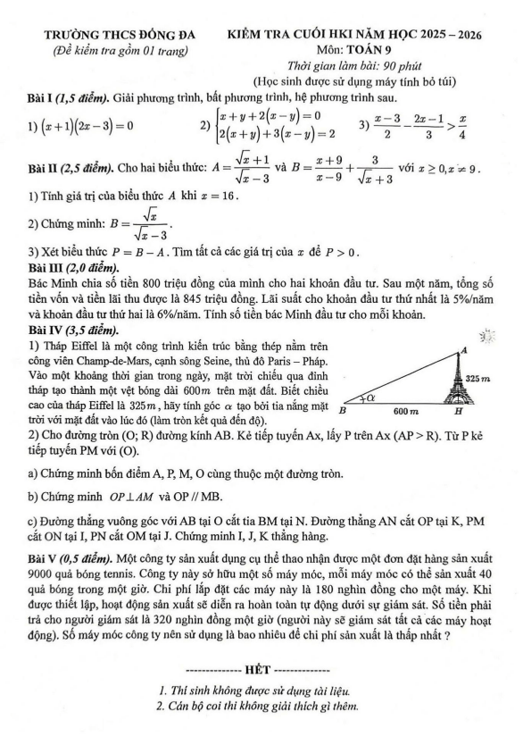 đề cuối hk1 toán 9 năm 2025 – 2026 trường thcs đống đa – hà nội
