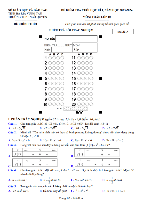 đề cuối học kì 1 toán 10 năm 2023 – 2024 trường thpt ngô quyền – br vt