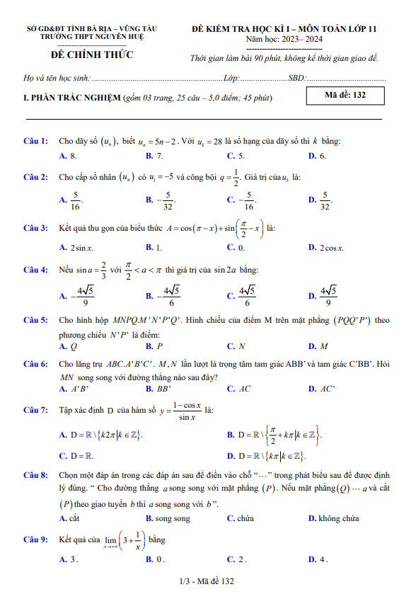 đề cuối học kì 1 toán 11 năm 2023 – 2024 trường thpt nguyễn huệ – br vt
