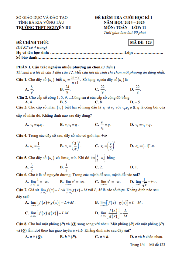 đề cuối học kì 1 toán 11 năm 2024 – 2025 trường thpt nguyễn du – br vt