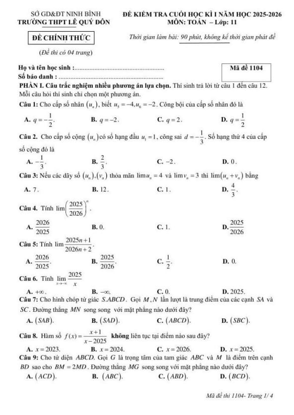 đề cuối học kì 1 toán 11 năm 2025 – 2026 trường thpt lê quý đôn – ninh bình