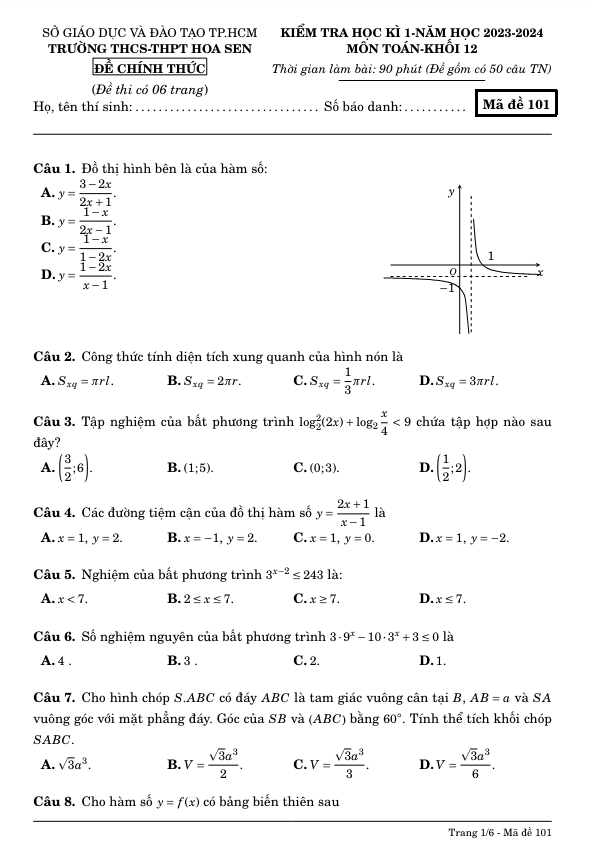 đề cuối học kì 1 toán 12 năm 2023 – 2024 trường thcs – thpt hoa sen – tp hcm