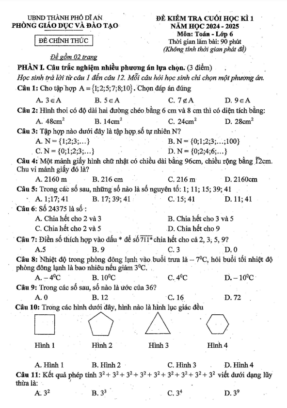 đề cuối học kì 1 toán 6 năm 2024 – 2025 phòng gd&đt dĩ an – bình dương
