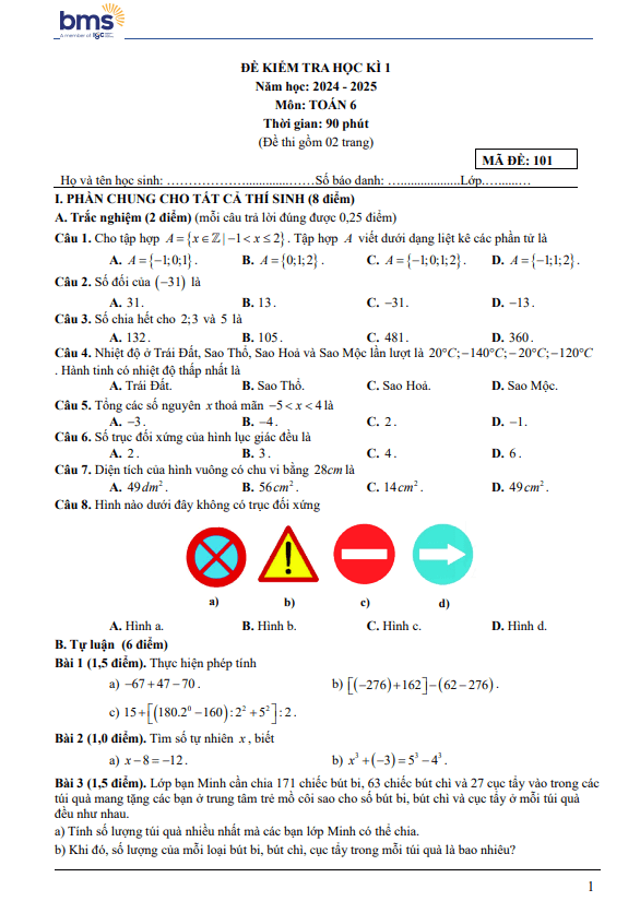 đề cuối học kì 1 toán 6 năm 2024 – 2025 trường ban mai school – hà nội