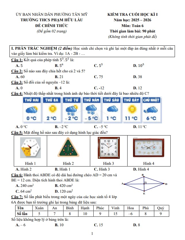 đề cuối học kì 1 toán 6 năm 2025 – 2026 trường thcs phạm hữu lầu – tp hcm