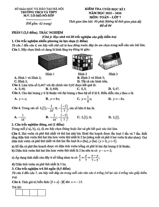 đề cuối học kì 1 toán 7 năm 2025 – 2026 trường m.v. lômônôxốp – hà nội