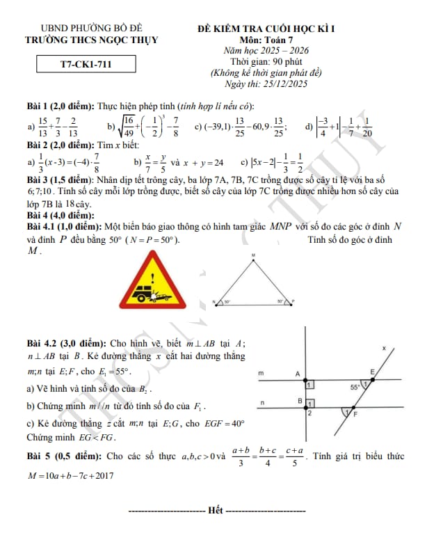 đề cuối học kì 1 toán 7 năm 2025 – 2026 trường thcs ngọc thụy – hà nội