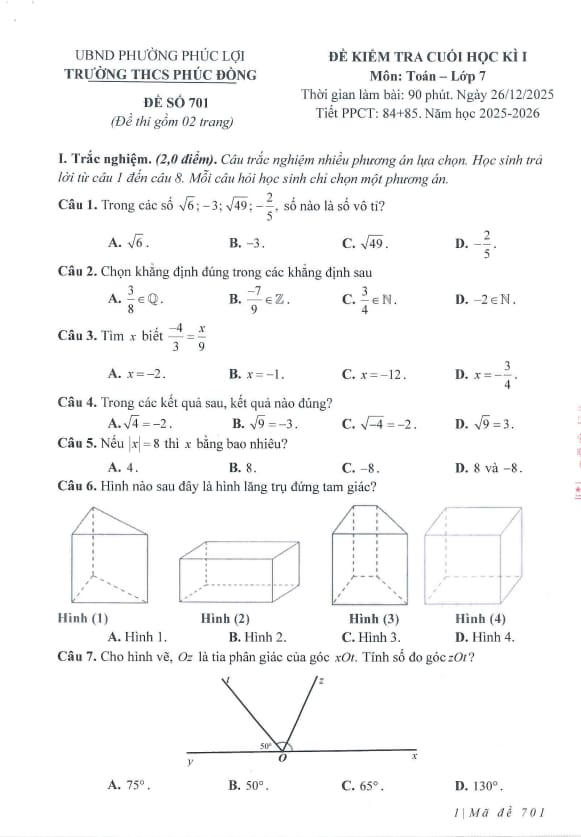 đề cuối học kì 1 toán 7 năm 2025 – 2026 trường thcs phúc đồng – hà nội