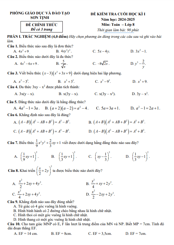 đề cuối học kì 1 toán 8 năm 2024 – 2025 phòng gd&đt sơn tịnh – quảng ngãi