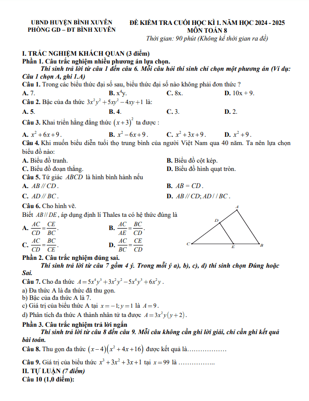 đề cuối học kì 1 toán 8 năm 2024 – 2025 trường thcs gia khánh – vĩnh phúc
