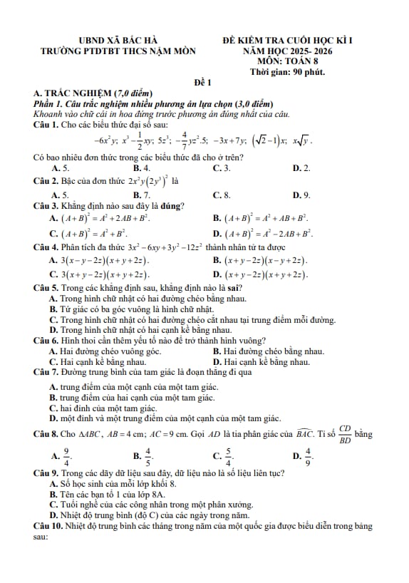 đề cuối học kì 1 toán 8 năm 2025 – 2026 trường thcs nậm mòn – lào cai