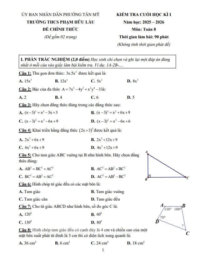 đề cuối học kì 1 toán 8 năm 2025 – 2026 trường thcs phạm hữu lầu – tp hcm