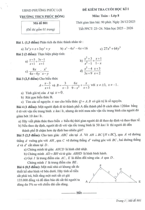 đề cuối học kì 1 toán 8 năm 2025 – 2026 trường thcs phúc đồng – hà nội