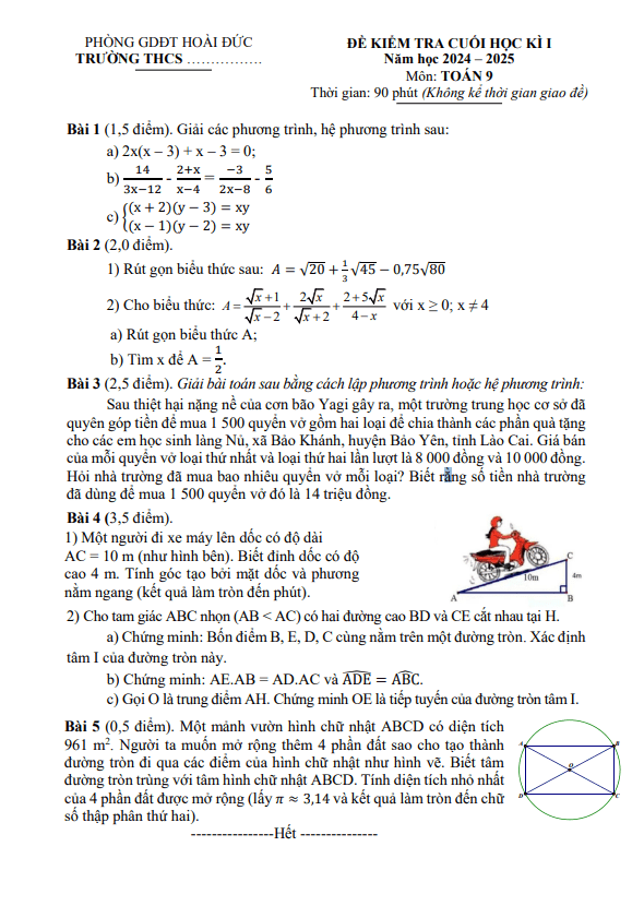 đề cuối học kì 1 toán 9 năm 2024 – 2025 phòng gd&đt hoài đức – hà nội
