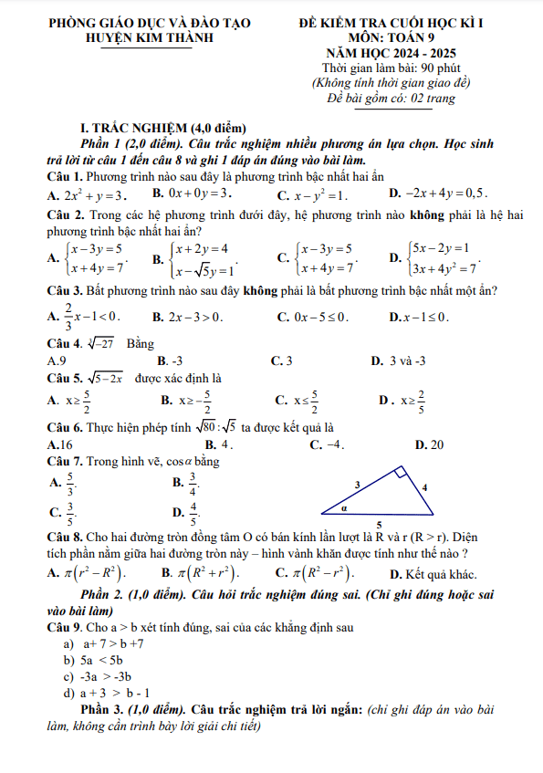 đề cuối học kì 1 toán 9 năm 2024 – 2025 phòng gd&đt kim thành – hải dương