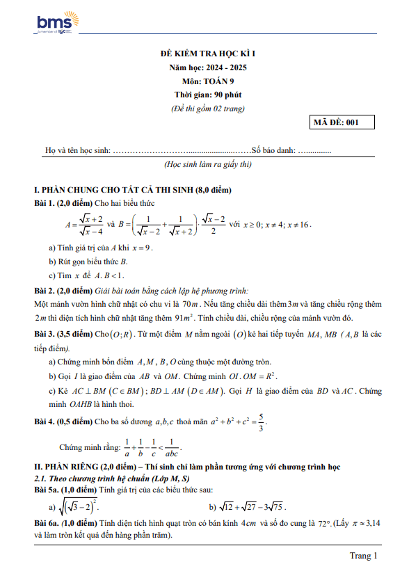 đề cuối học kì 1 toán 9 năm 2024 – 2025 trường ban mai school – hà nội