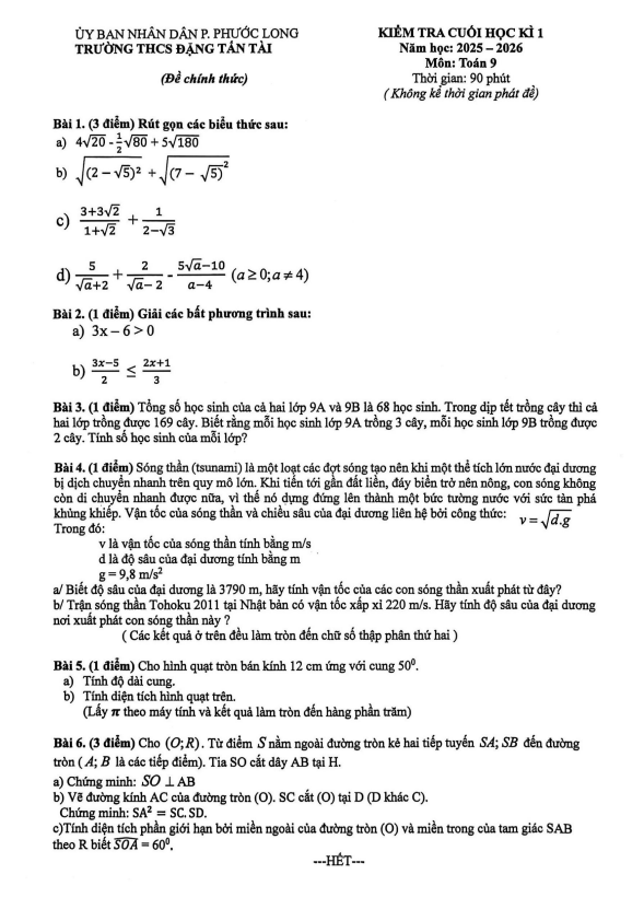 đề cuối học kì 1 toán 9 năm 2025 – 2026 trường thcs đặng tấn tài – tp hcm