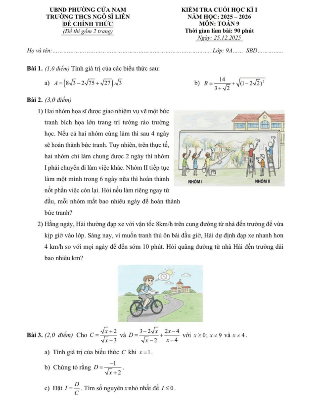 đề cuối học kì 1 toán 9 năm 2025 – 2026 trường thcs ngô sĩ liên – hà nội