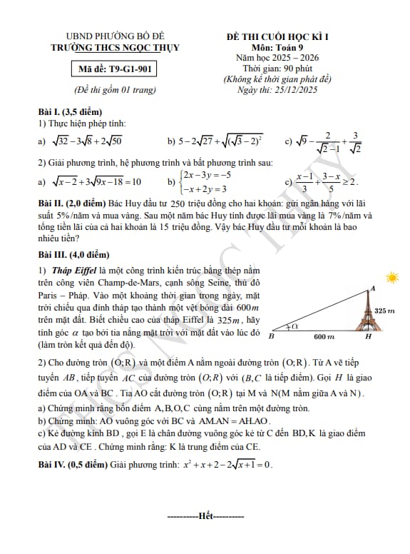 đề cuối học kì 1 toán 9 năm 2025 – 2026 trường thcs ngọc thụy – hà nội