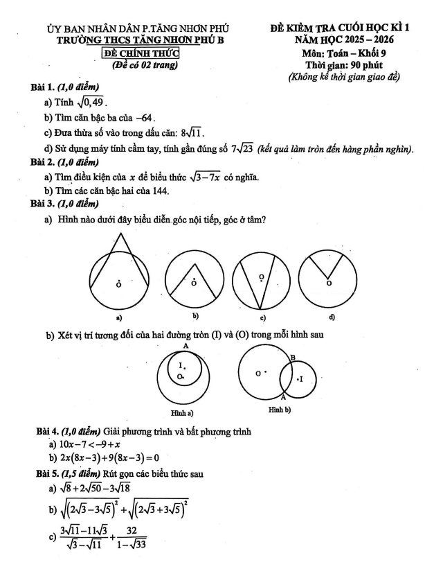 đề cuối học kì 1 toán 9 năm 2025 – 2026 trường thcs tăng nhơn phú b – tp hcm