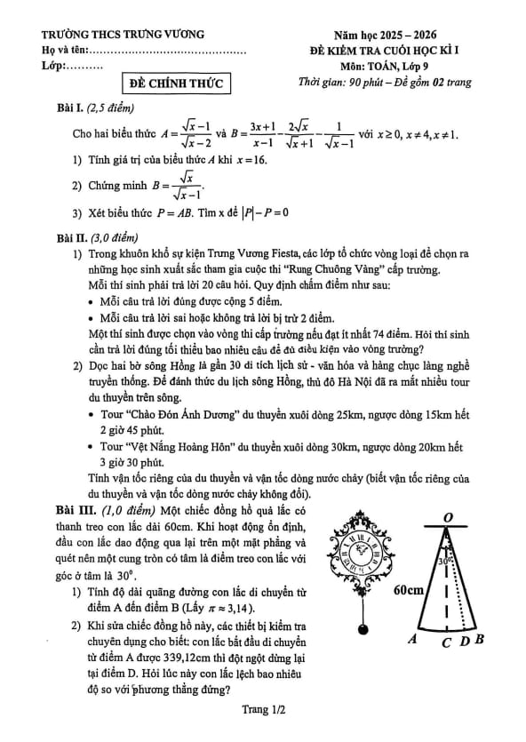 đề cuối học kì 1 toán 9 năm 2025 – 2026 trường thcs trưng vương – hà nội