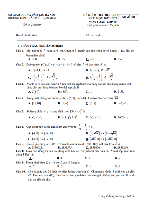 đề cuối học kì 2 toán 10 năm 2022 – 2023 trường thpt trần phú – hà nội