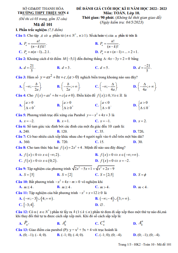 đề cuối học kì 2 toán 10 năm 2022 – 2023 trường thpt triệu sơn 4 – thanh hóa