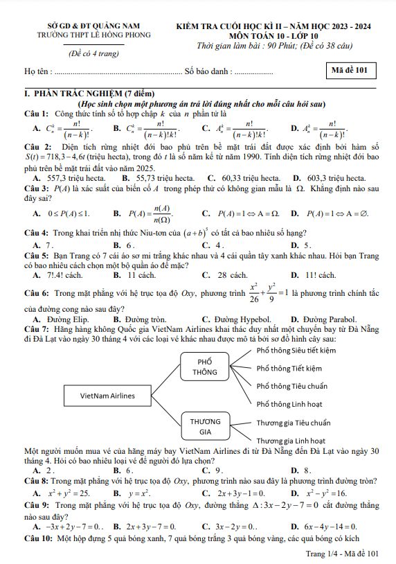 đề cuối học kì 2 toán 10 năm 2023 – 2024 trường thpt lê hồng phong – quảng nam