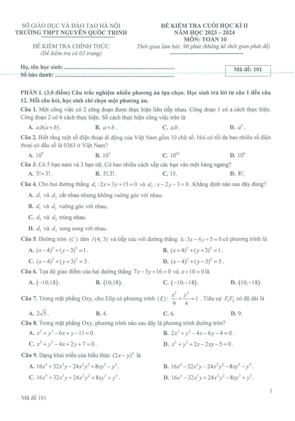 đề cuối học kì 2 toán 10 năm 2023 – 2024 trường thpt nguyễn quốc trinh – hà nội