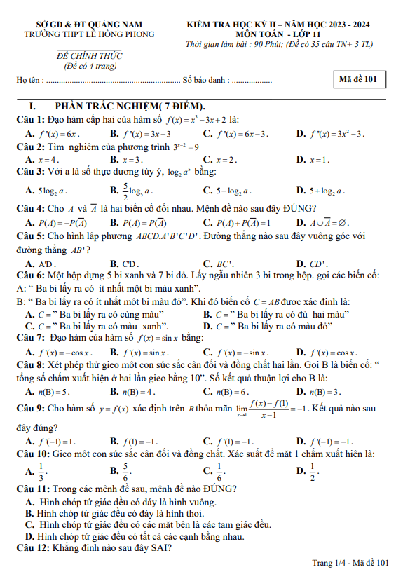 đề cuối học kì 2 toán 11 năm 2023 – 2024 trường thpt lê hồng phong – quảng nam